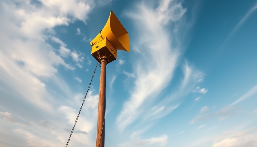 Texas Hill Country flood siren under a cloudy sky.