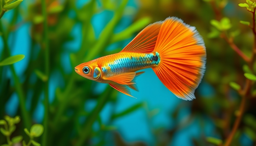 Vivid male guppy with orange tail in lush aquatic setting.