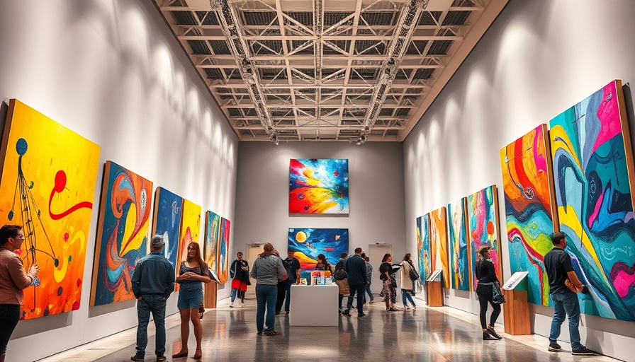 Vibrant art exhibit in Austin Texas gallery with visitors