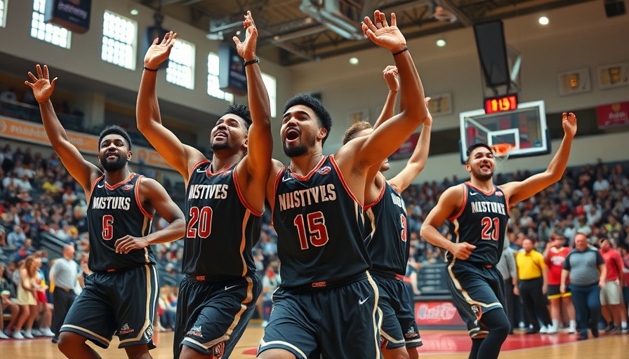 Basketball players celebrate buzzer beaters victory on the court.