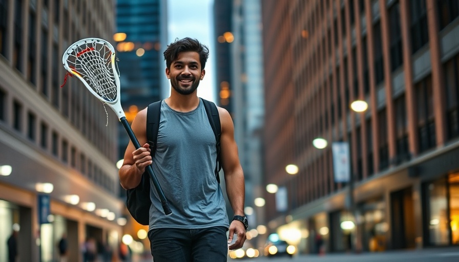 Tall person at urban event holding lacrosse stick, evening light.