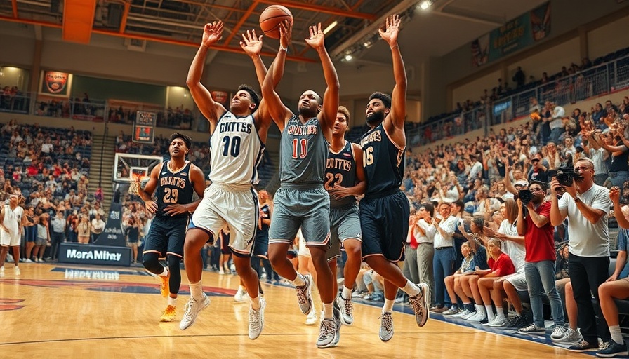 Basketball players celebrate a buzzer beater on indoor court.