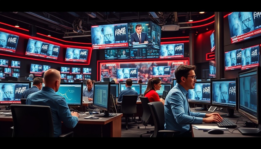 Journalists in a bustling newsroom discussing US news updates.