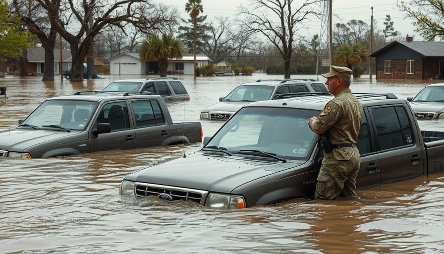 Flooded vehicles in Texas with military observing, showcasing recovery efforts.