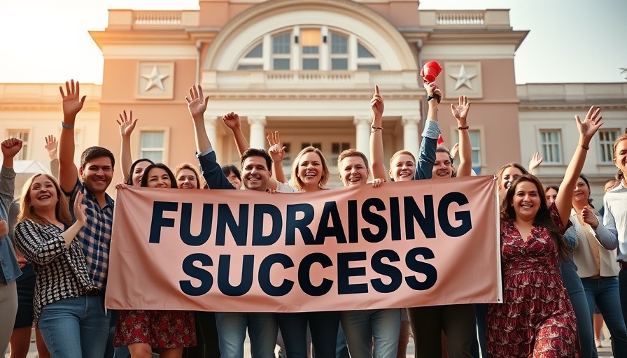 Texas Senate fundraising success celebration with diverse group holding banner.