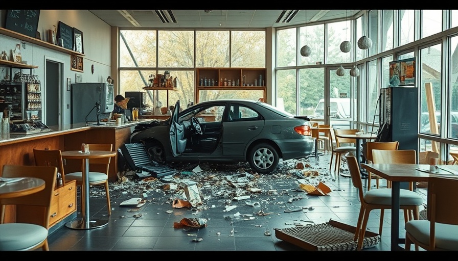 Café in disarray after a vehicle crash, highlighting business disruption.
