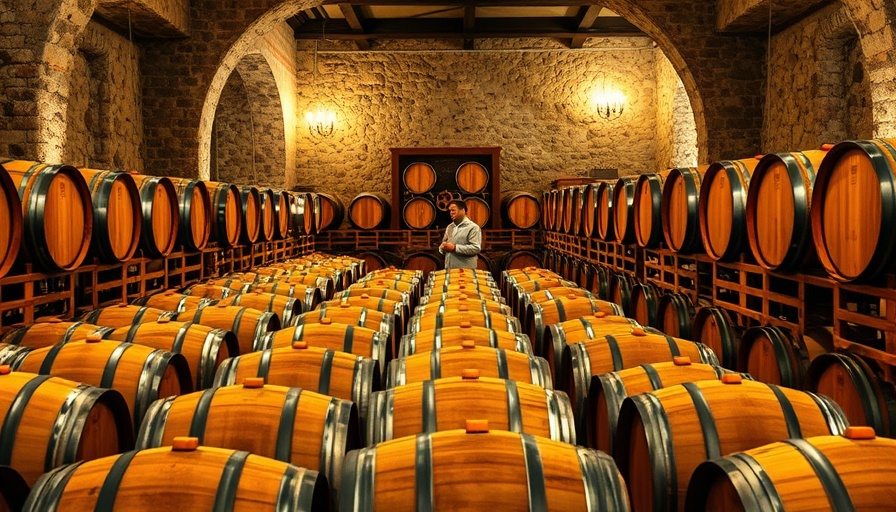 Vintage wine cellar with rows of barrels and a person inspecting them.