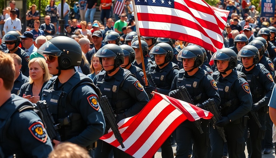Crowd with police and US flag at public event; US news headlines.