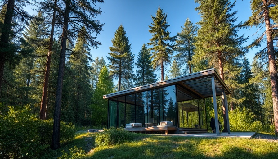 Modern glass cabin in Austin lifestyle setting, blending with nature.