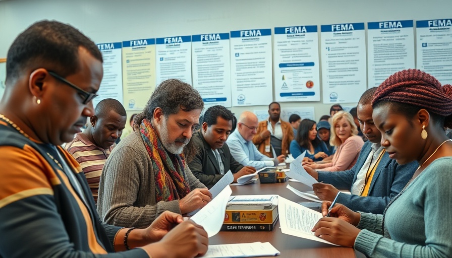 Residents filling out FEMA aid forms at a relief center.