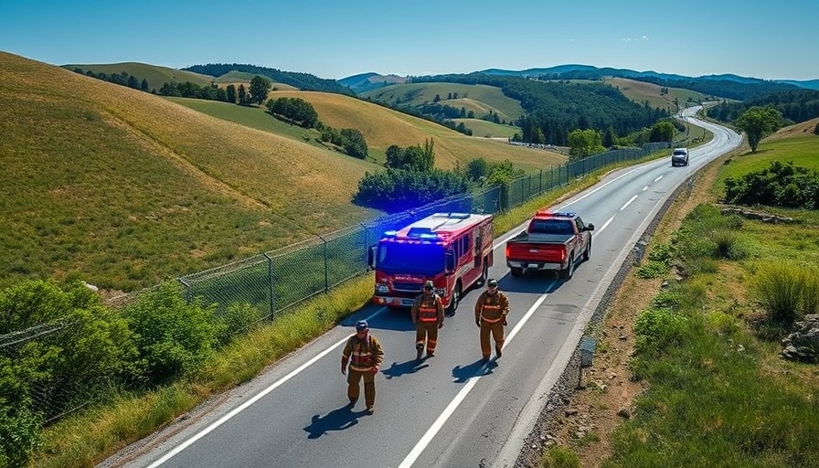 Emergency response team in Hill Country at a highway accident, clear sky.