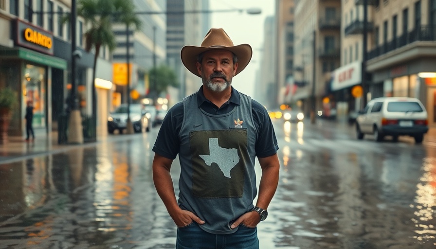 Texas flood survivor stands in rain-drenched city street.