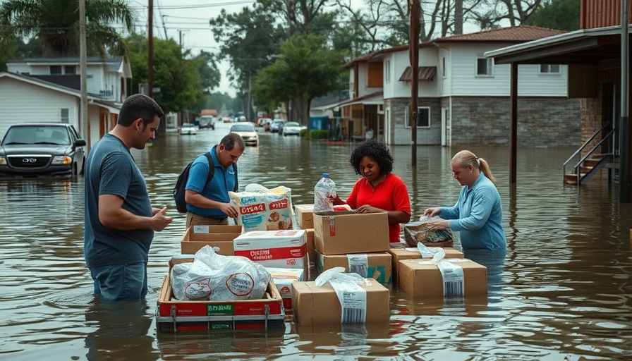 Volunteers assisting Texas flood recovery efforts in submerged streets.