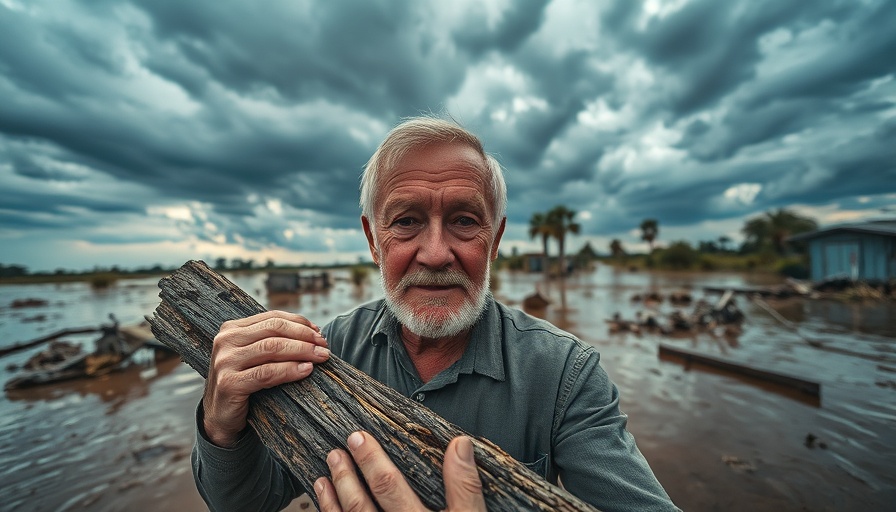 Texas flood survivor, resilient man standing in flooded landscape.