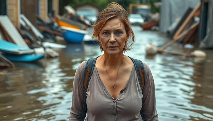 Texas flood survivor standing amidst floodwaters and debris, looking determined.