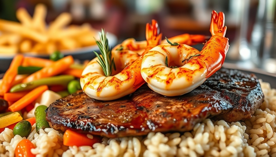 San Antonio dining: grilled shrimp and steak with rice and vegetables.