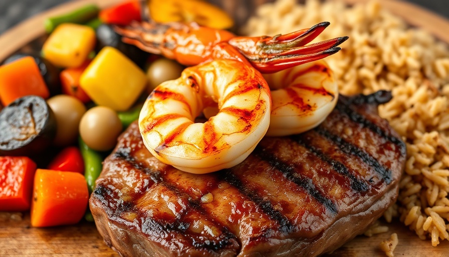 San Antonio dining: Grilled shrimp and steak with vegetables and rice.