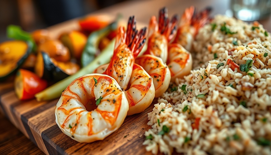 San Antonio dining: shrimp, grilled vegetables, and rice.