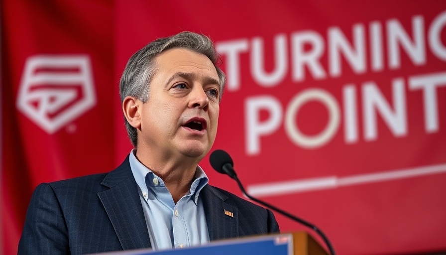 Middle-aged man speaking at Turning Point USA event, common sense revolution Trump.