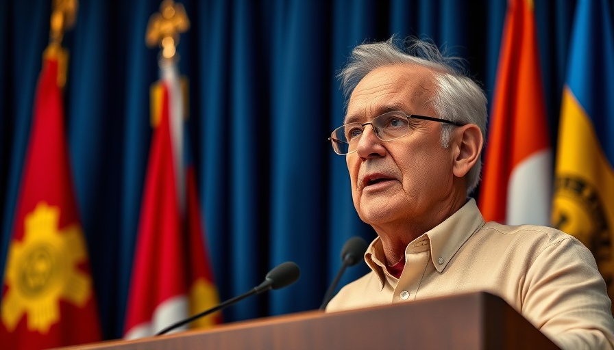 National news insights: older man in a blue suit with a USA cap speaking at podium.