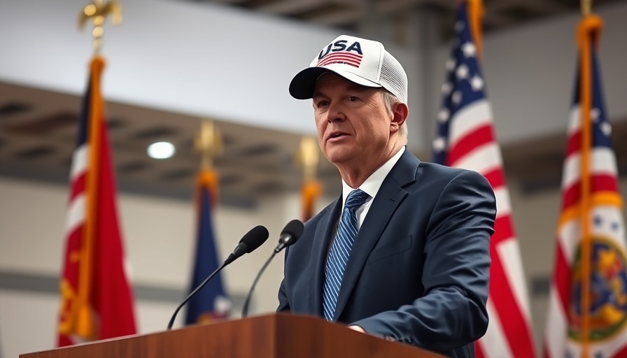National importance emphasized as a person speaks at a podium with flags.