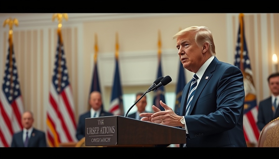 US president making speech at official meeting, flags in background.