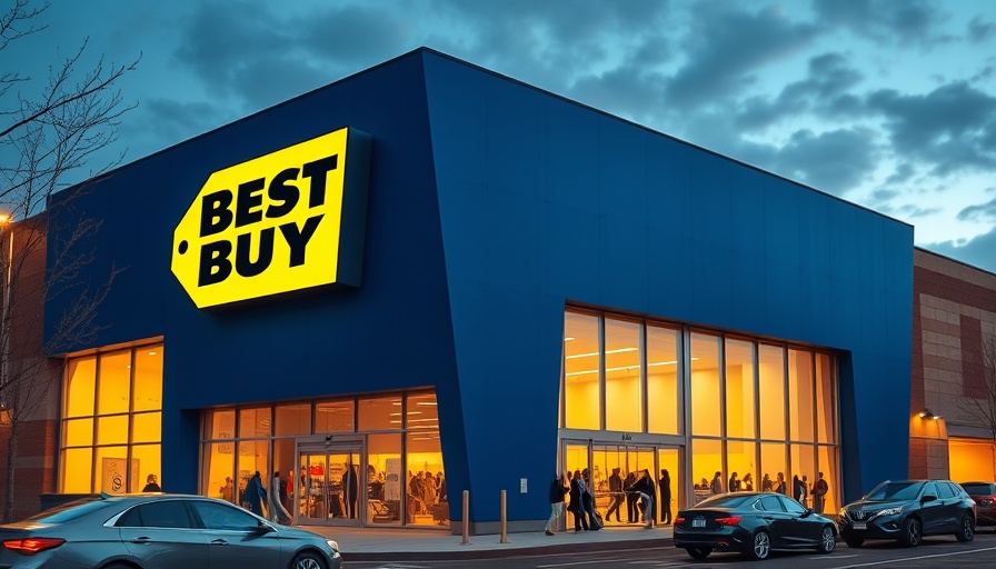 Exterior of a Best Buy store illuminated at dusk.