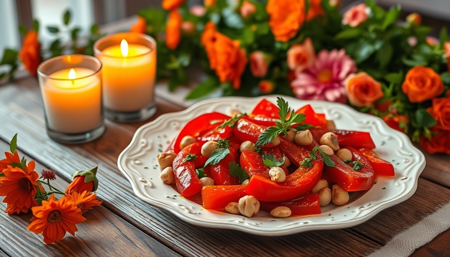 Roasted Red Pepper Salad with Hazelnuts amid candles and flowers.