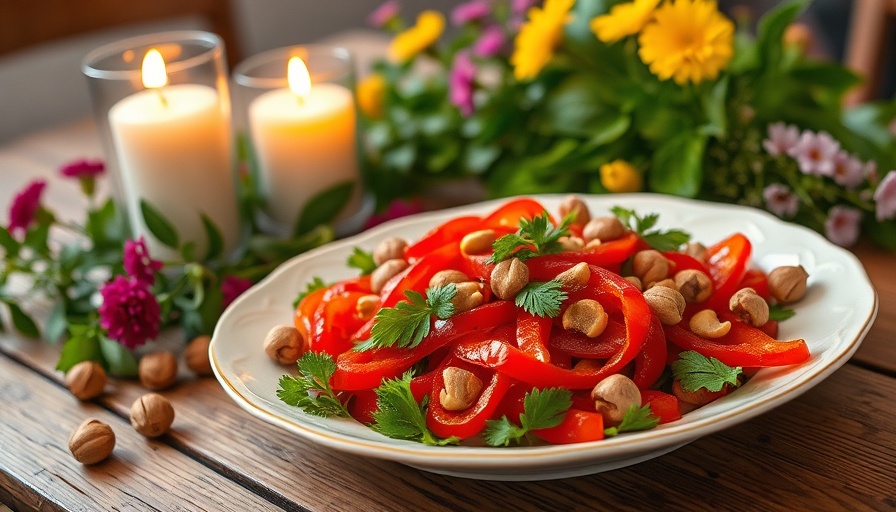 Roasted red pepper salad with hazelnuts on decorative plate with flowers.