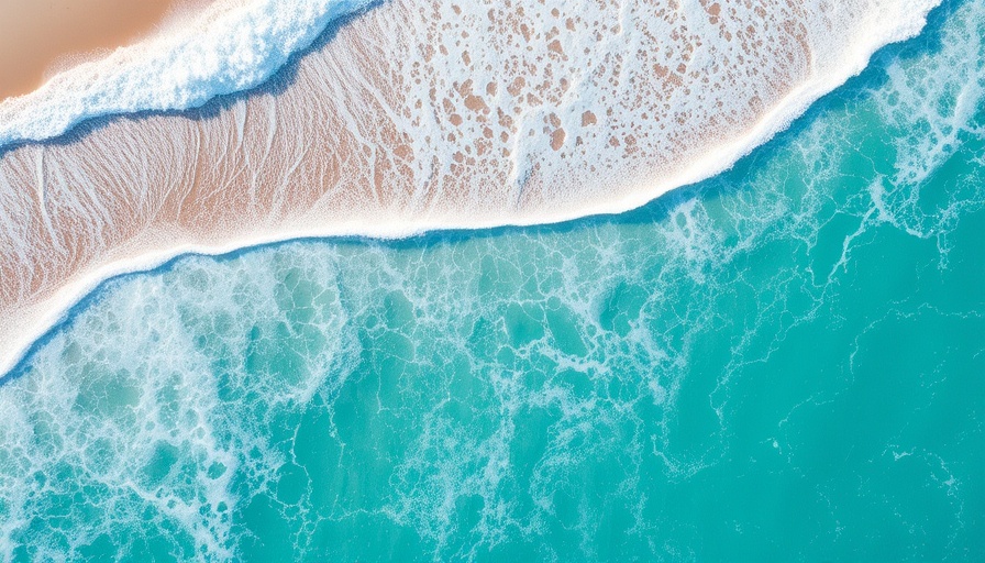Turquoise waves crashing on a sandy beach, bright daylight.