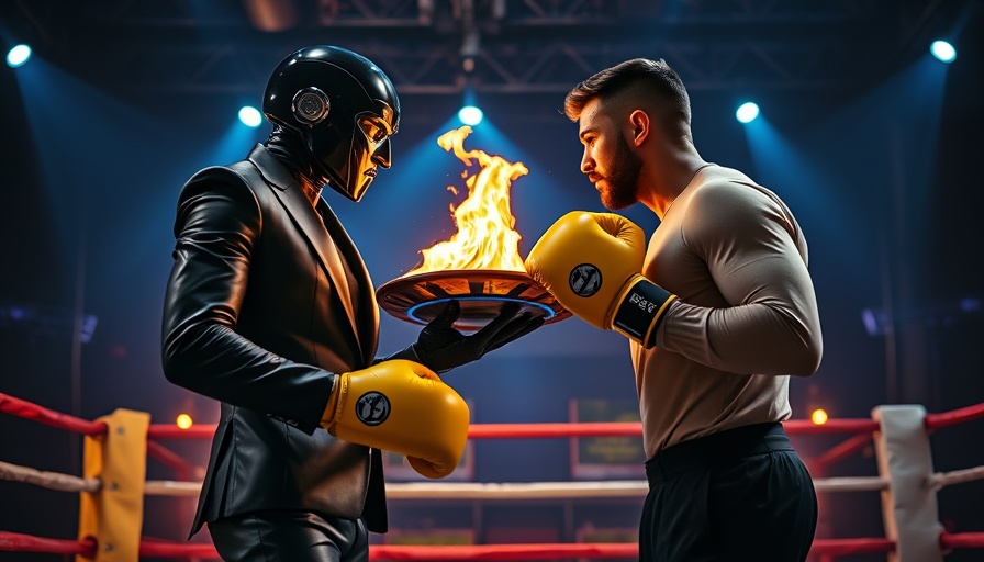 Futuristic scene with humanoid figure and man in boxing gloves, contrasting against dynamic blue and yellow background, mental wellness for seniors.