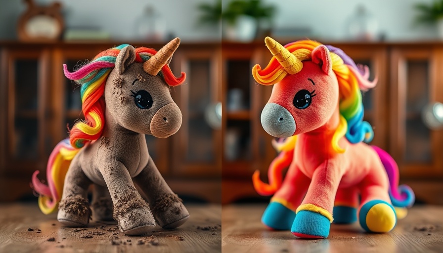Texas flood recovery efforts with restored rainbow unicorn plush.