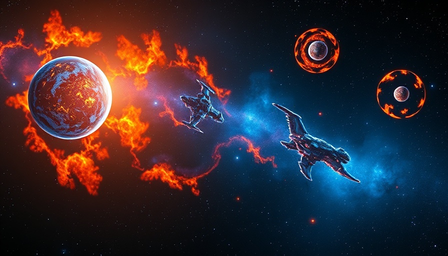 Vivid cosmic scene with glowing celestial bodies and fiery nebulae, dark matter discovery.