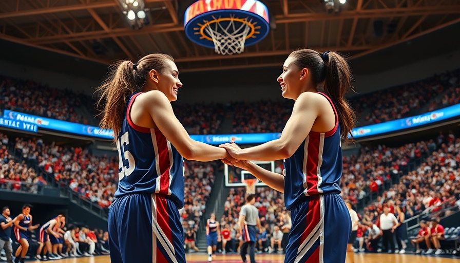 WNBA scores celebration scene in a stadium with basketball players.