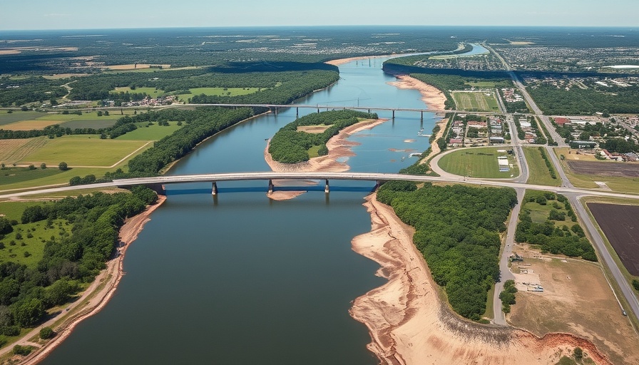 Aerial view of Texas river and bridge, flood impact visible.