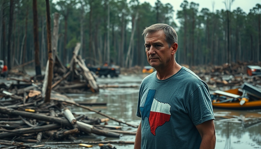 Texas flood victim searches debris, assessing damage in forested area.