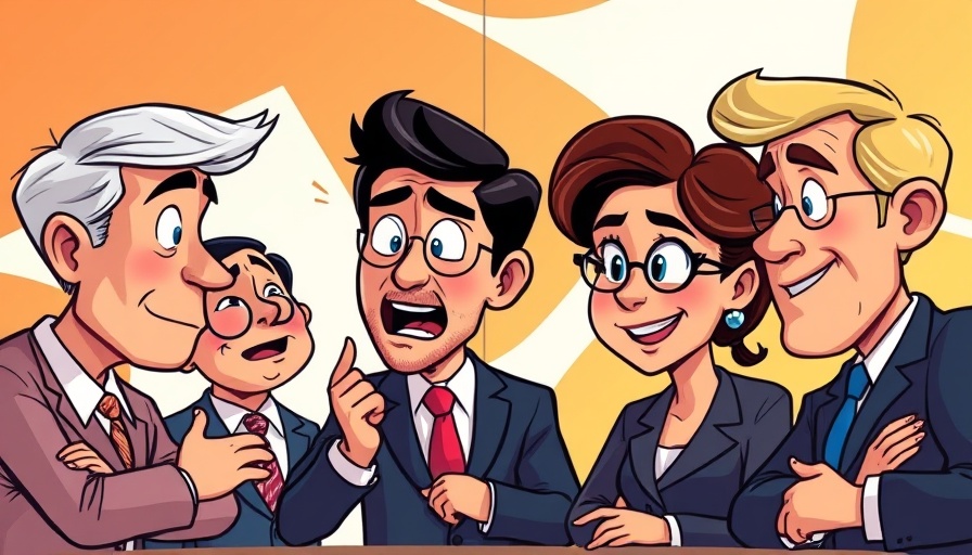 Animated political figures, engaging discussion, cartoon style.