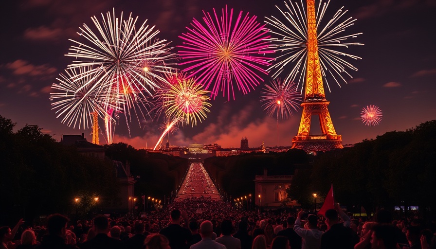 Vibrant France National Day fireworks over Eiffel Tower.