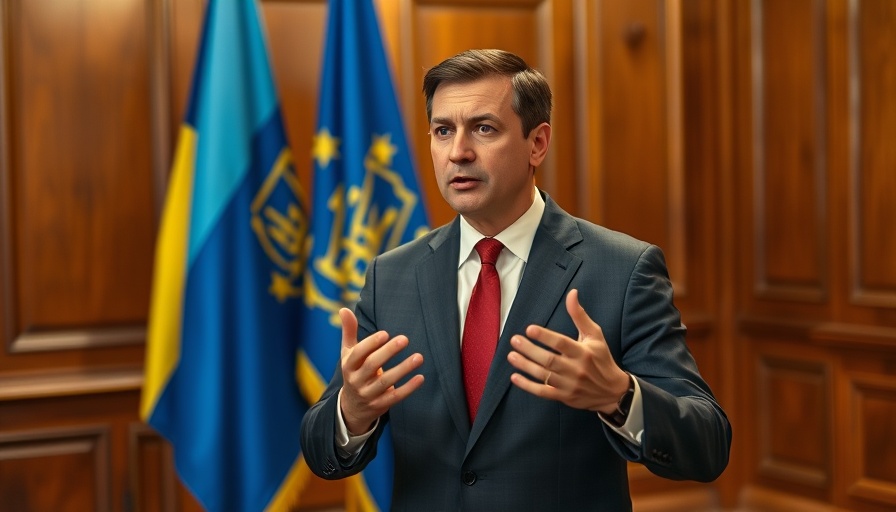 Man gesturing in front of Ukrainian flags, discussing policy shift.