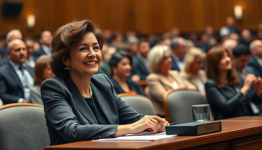 Confident woman at hearing related to frozen education funds lawsuit.