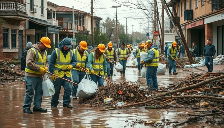 Volunteers in Texas flood recovery efforts, collecting debris.