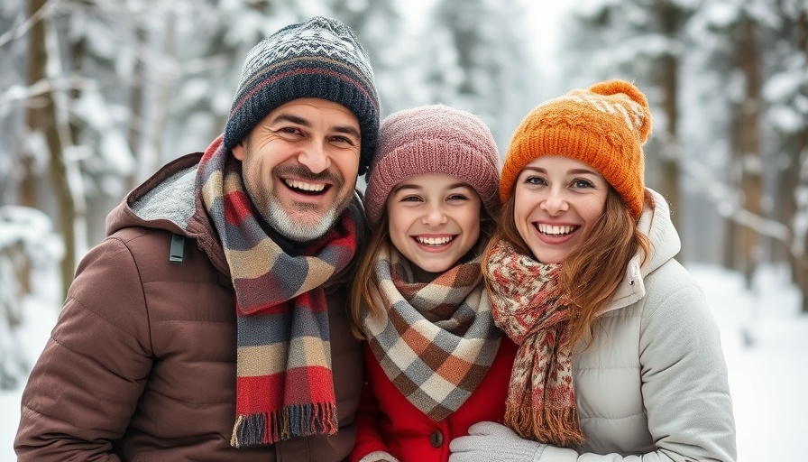 Family enjoying snowy day outdoors, winter clothing.