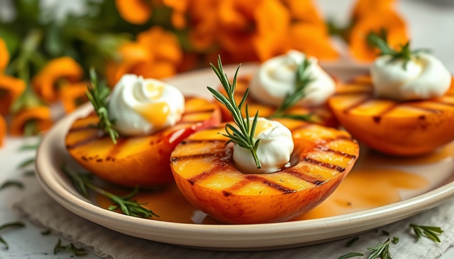 Grilled peaches with rosemary hot honey on a plate.