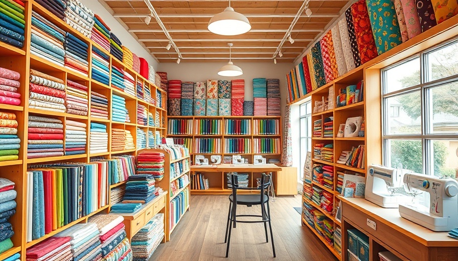 Interior of new sewing store in Plano with colorful fabrics.