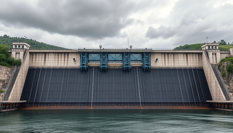 Buchanan Dam floodgate openings closed, industrial structure.