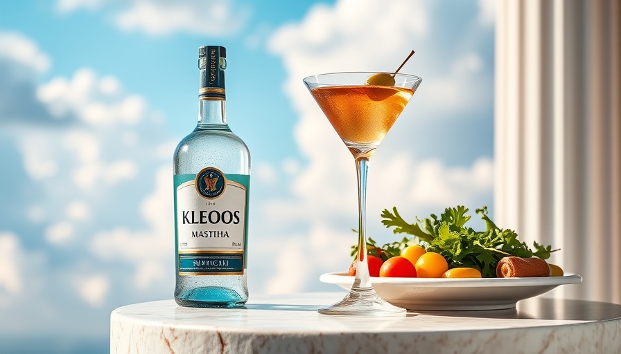 KLEOS Mastiha Spirit and martini with sky backdrop