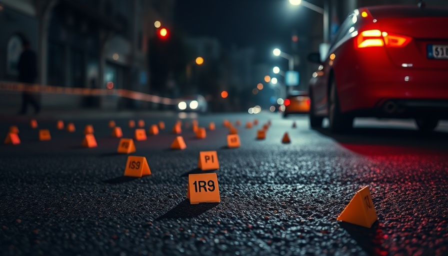 Evidence markers near a red car at a Southeast Houston mass shooting scene.