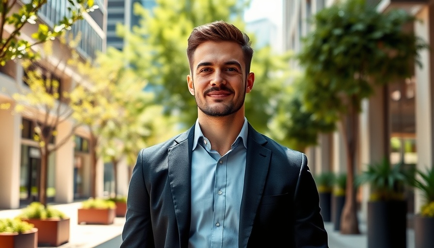 Confident man outdoors with modern architecture and greenery.