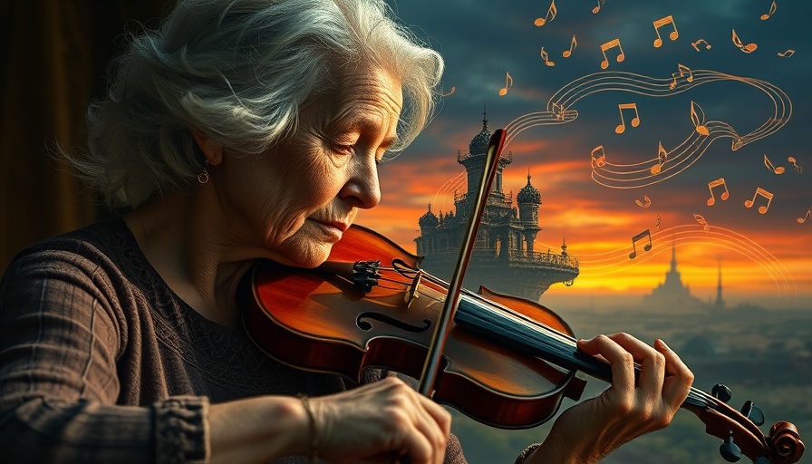 Surreal image of woman playing violin illustrating boost brain health as you age with music.