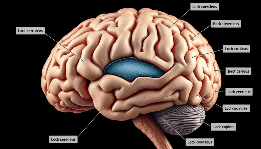Human brain illustration highlighting locus coeruleus for memory formation.